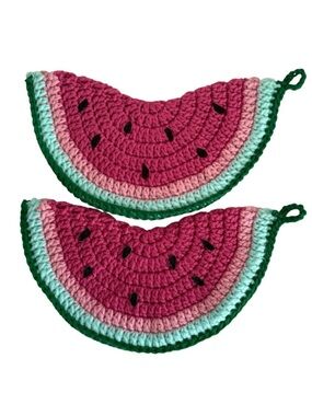 2 Vintage Handmade Crochet Watermelon Kitchen Decor Cottagecore Kitsch 80s 90s